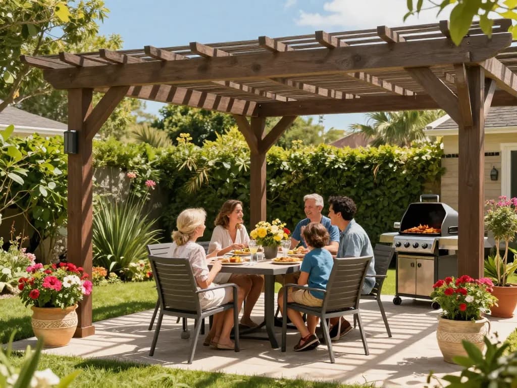 Family enjoying a meal under a beautifully designed pergola configurator software in a vibrant backyard.