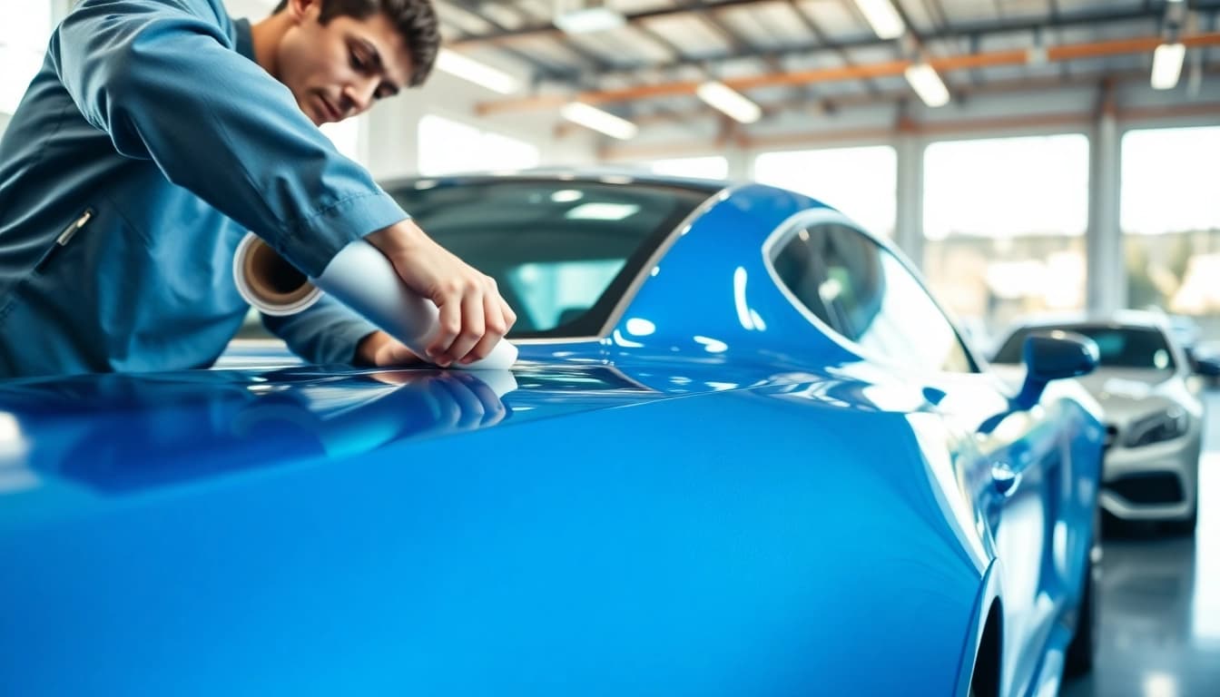 Technician applying PPF Chattanooga professionally to a modern vehicle in a bright garage.
