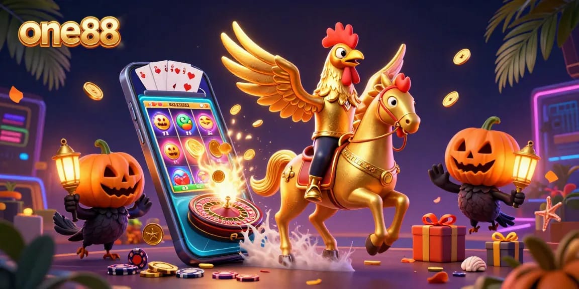 Experience vibrant casino excitement with one88's golden rooster in a midnight scene.