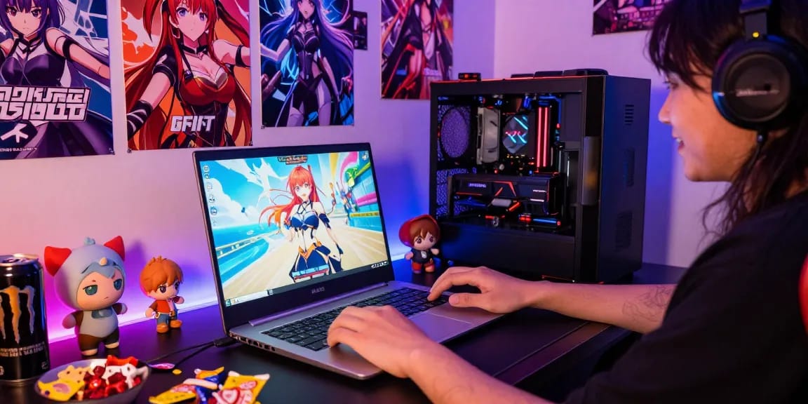 Gamer playing free hentai games in a colorful, immersive gaming setup