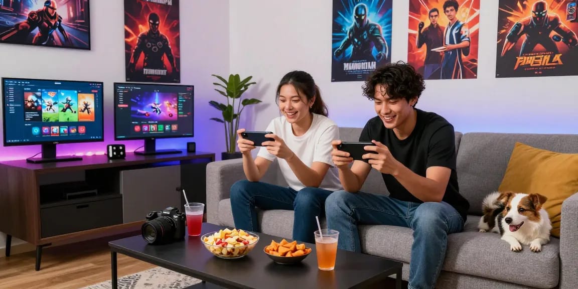 Screen menampilkan fitur megawin88 di ruang tamu modern sambil bermain game online