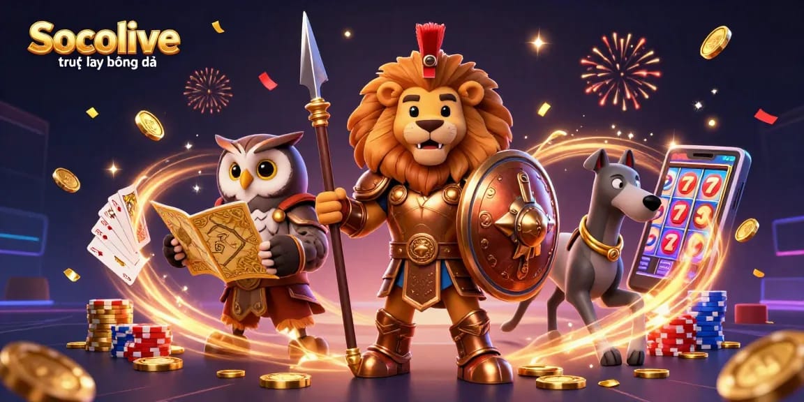 Socolive trực tiếp bóng đá showcasing strategic gameplay with a Spartan lion, owl strategist, and racing greyhound amidst vibrant casino elements.