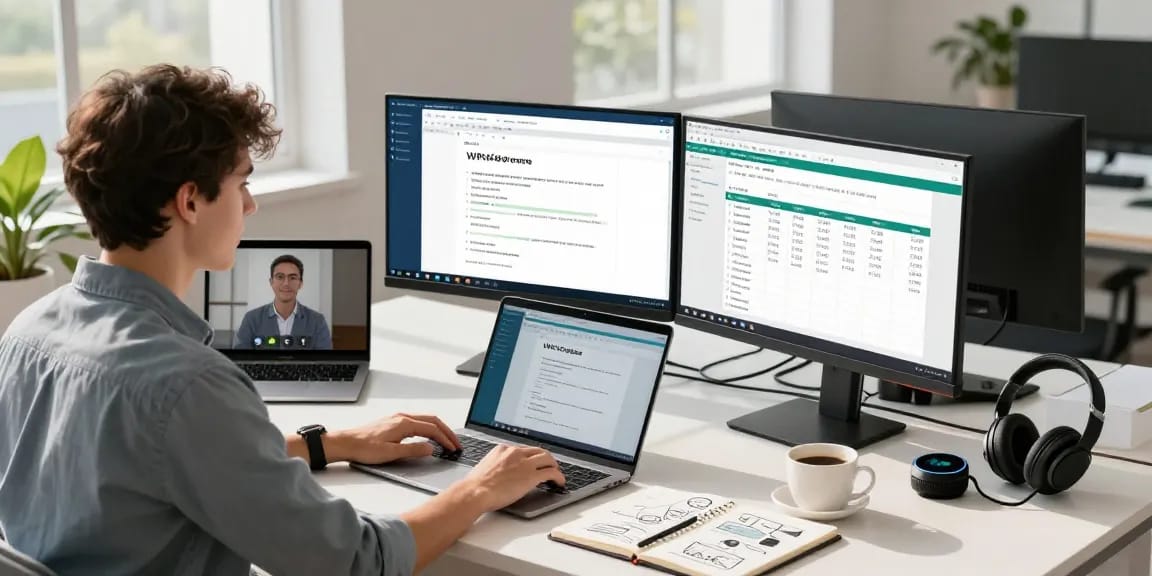 WPS Download in action on dual monitors in a modern workspace, showcasing productivity.