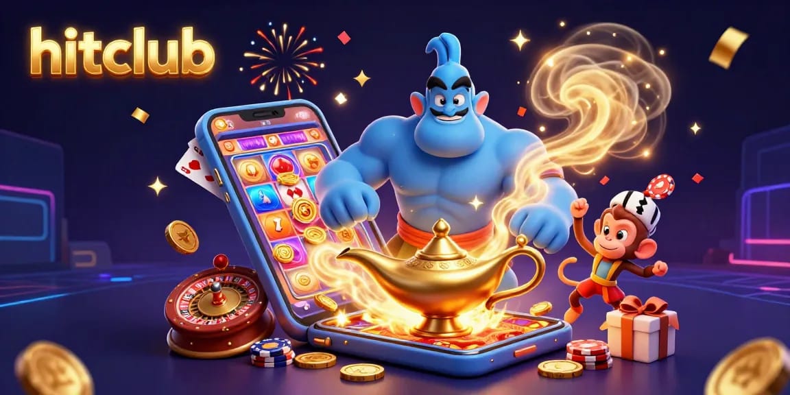 Experience excitement at hitclub with a genie, monkey, and casino elements in a vibrant 3D illustration.