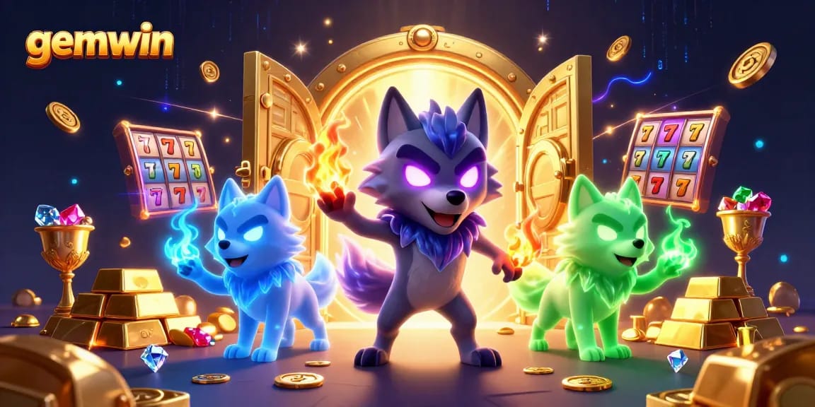 Experience thrill with gemwin in this ultra-detailed 3D casino scene featuring mythical wolves and treasure.