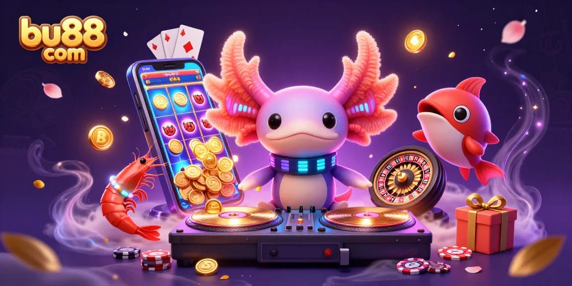 Experience the vibrant world of bu88 com with a neon axolotl DJ and lively sea creatures in a casino-themed scene.
