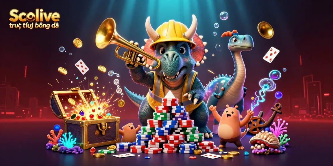 Socolive trực tiếp bóng đá showcases a vibrant underwater casino scene celebrating with cartoon dinosaurs amidst floating gold coins and poker chips.