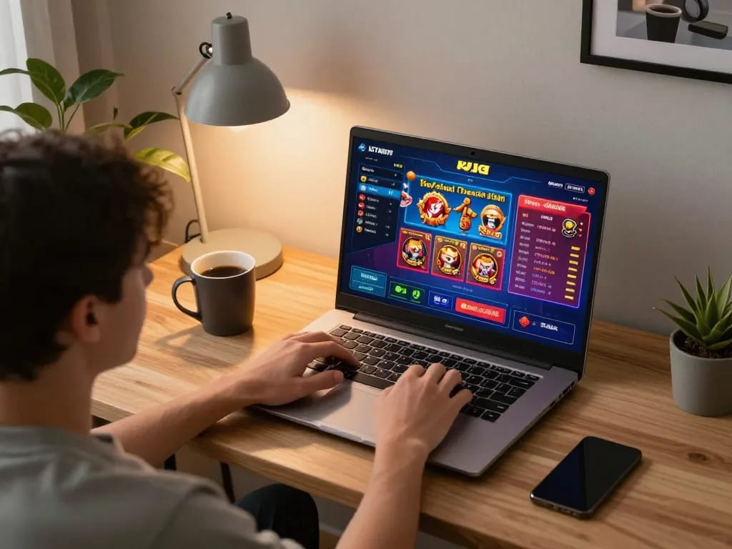 KJC users engaging in online gaming, utilizing a laptop to place bets on casino games.