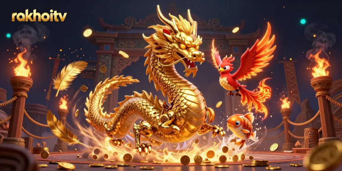 Experience the thrill of rakhoitv with dynamic visuals of a dragon, phoenix, and koi fish in a vibrant casino scene.