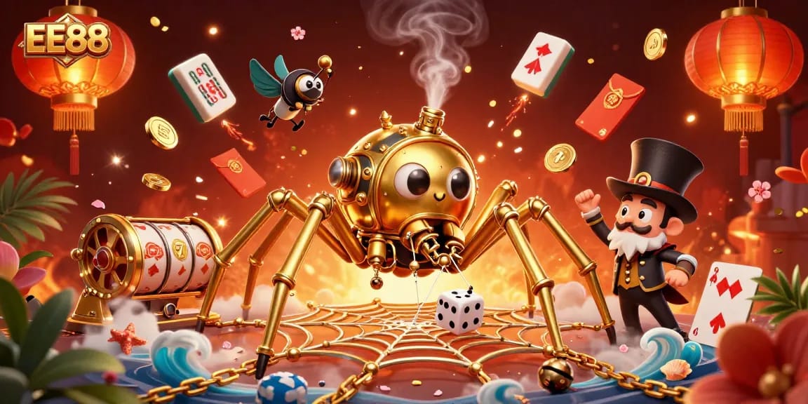 Experience EE88 with lively animations, featuring golden chains, poker chips, and a whimsical Victorian fly.