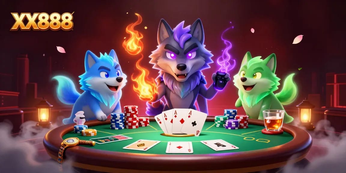 Play games at XX888 with 3D wolves and dynamic poker scene, enjoying exhilarating bets.