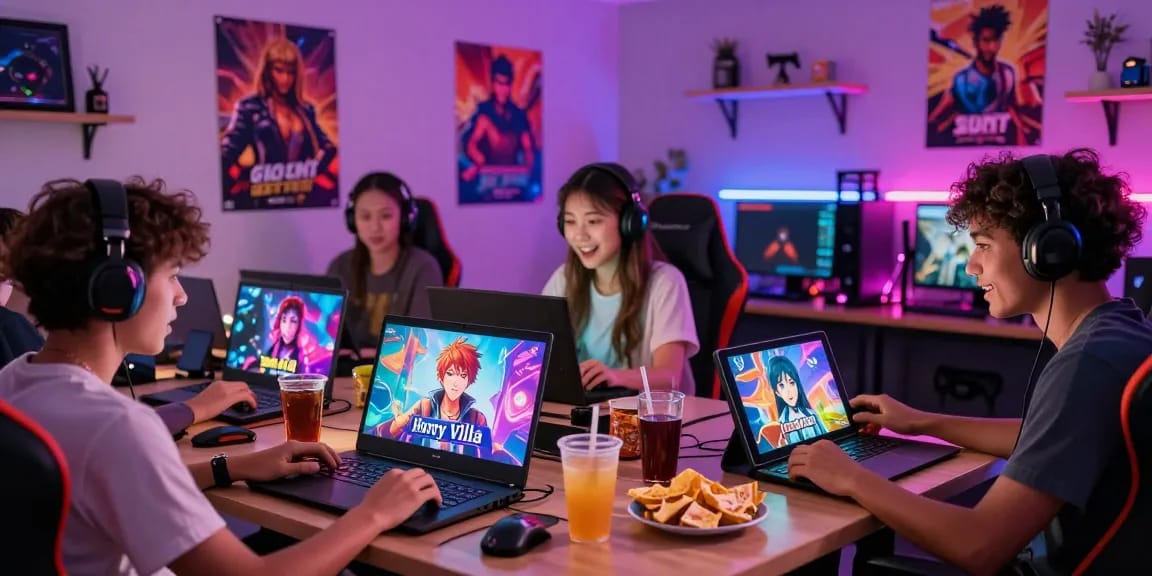 Players enjoying an engaging adult game experience on multiple devices in a vibrant gaming lounge setting.