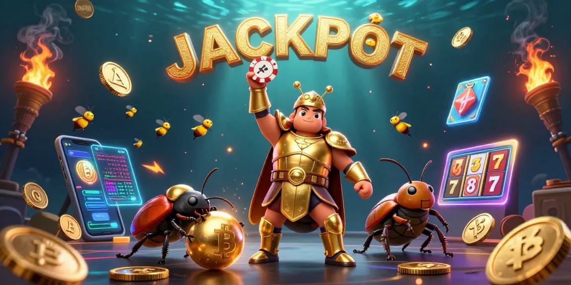 Experience DA88's thrilling jackpot moment as cartoon beetles celebrate winning in a vibrant casino.