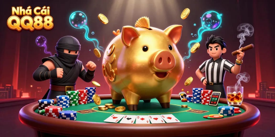 Experience thrilling gaming at Nhà Cái QQ88 with dynamic cartoon characters and vibrant casino elements.