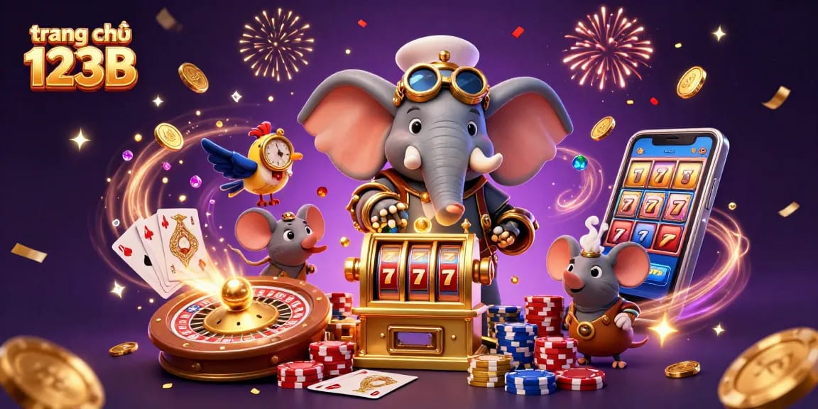 Spin the reels at trang chủ 123B with an elephant engineer and cascading gold coins.