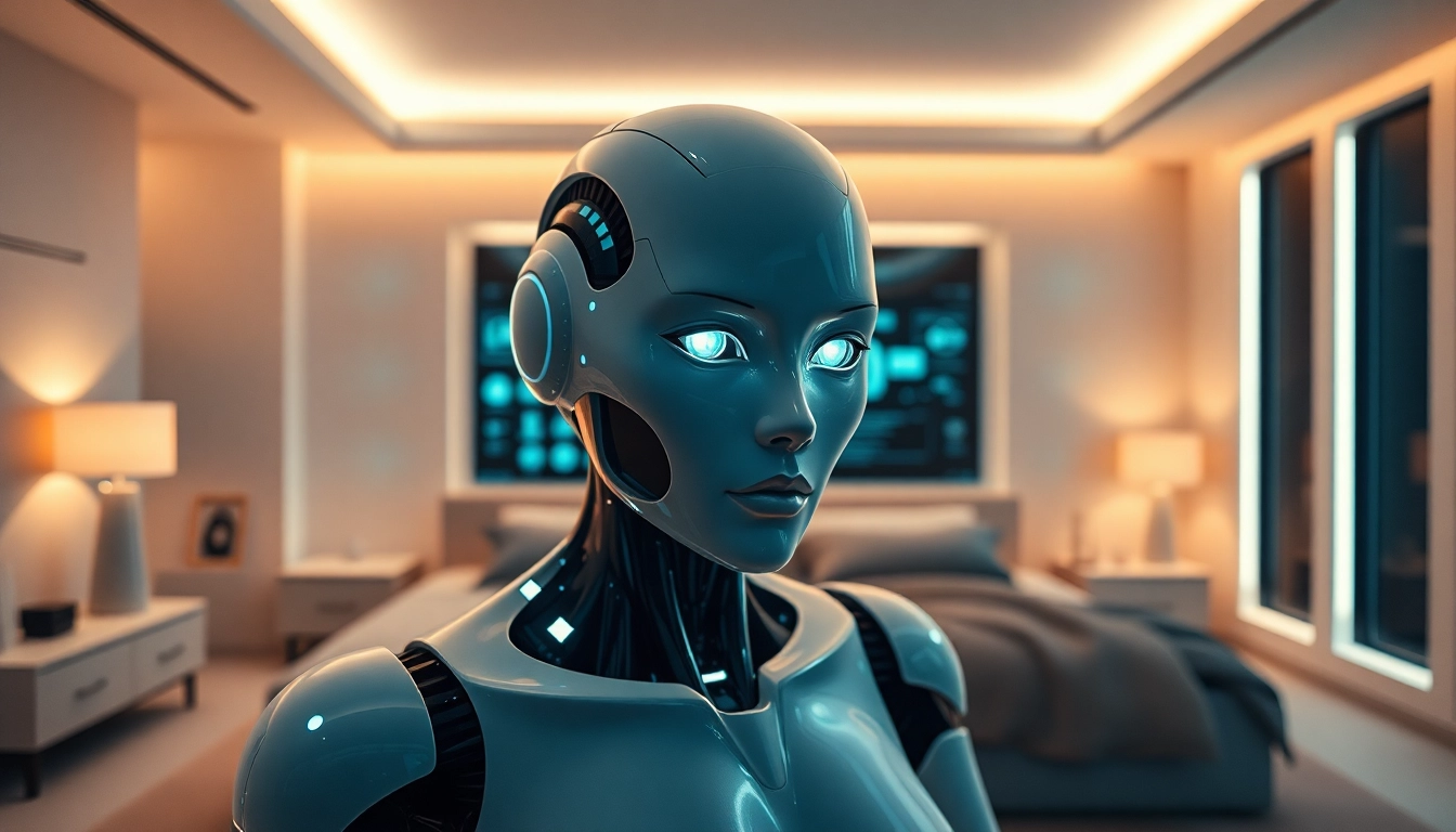 Futuristic sex bot showcasing advanced AI technology in a modern bedroom