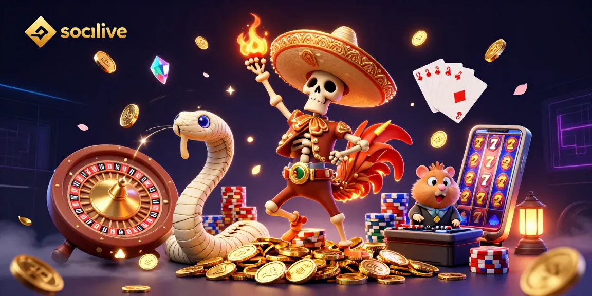 Socolive offers thrilling casino experiences with vibrant 3D characters celebrating on golden coins, showcasing online betting excitement.