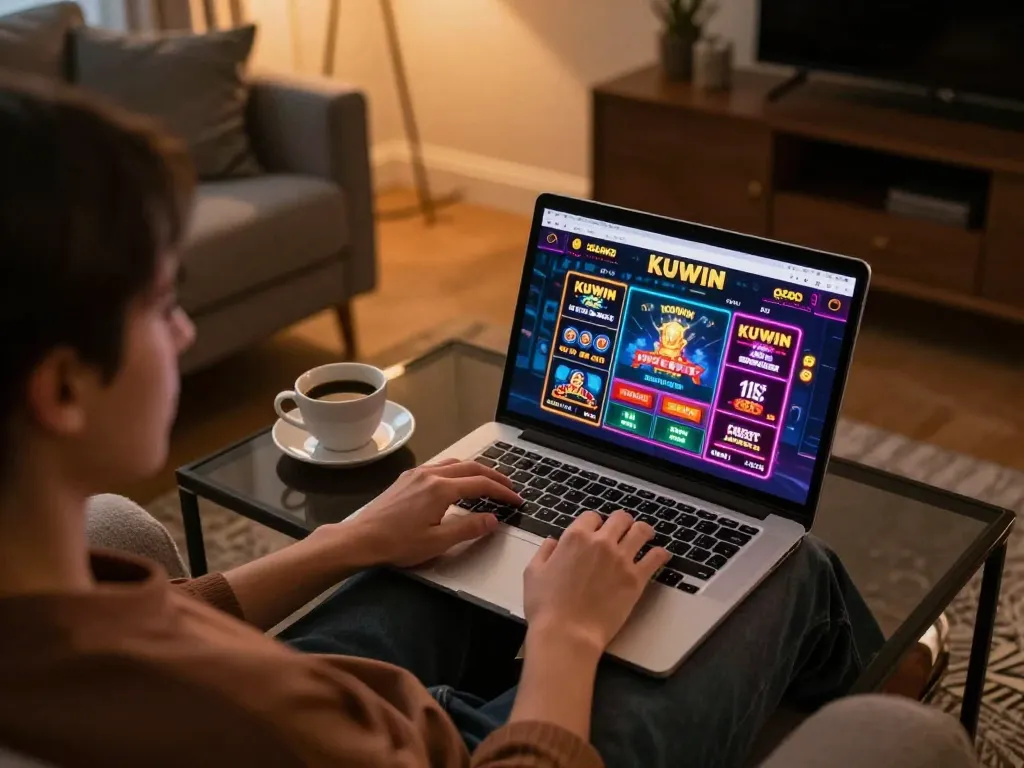 Kuwin vom player engaged in online gaming on a laptop in a cozy living room with vibrant casino visuals.
