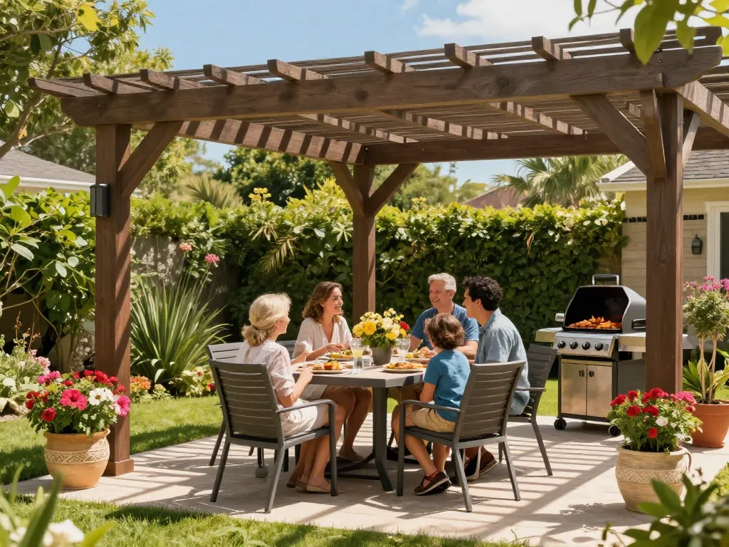 Family enjoying a meal under a beautifully designed pergola configurator software in a vibrant backyard.