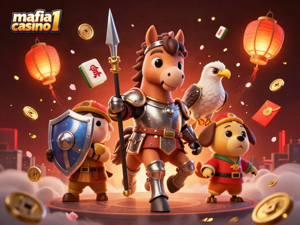 Engage with mafia casino 1 through a vibrant 3D illustration featuring knights, games, and excitement.