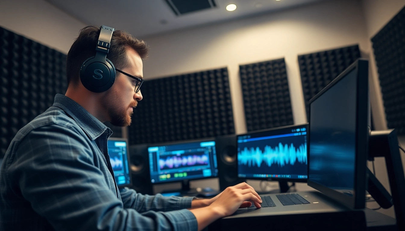 Master audio engineer mastering tracks with online audio mastering software in a high-tech studio.