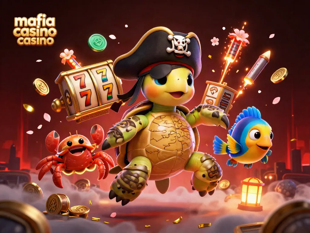 Engage in dynamic gameplay at mafia casino casino with lively characters floating amidst treasures and gaming elements.