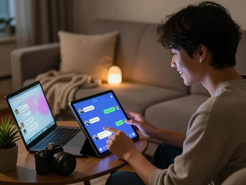 Engaging in sex AI chat on a tablet in a cozy home setting.
