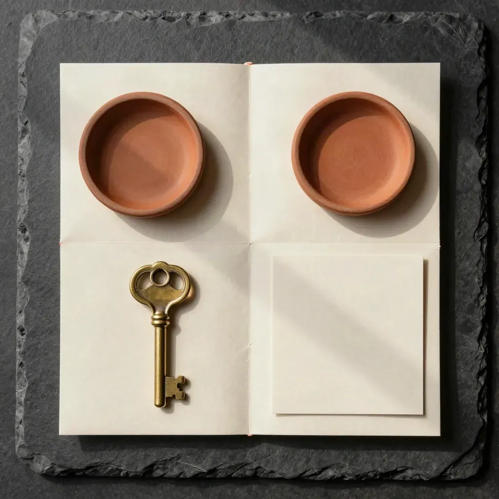 Flatlay dall’alto con guida locale, piattino in ceramica, chiave in ottone e biglietto capovolto.
