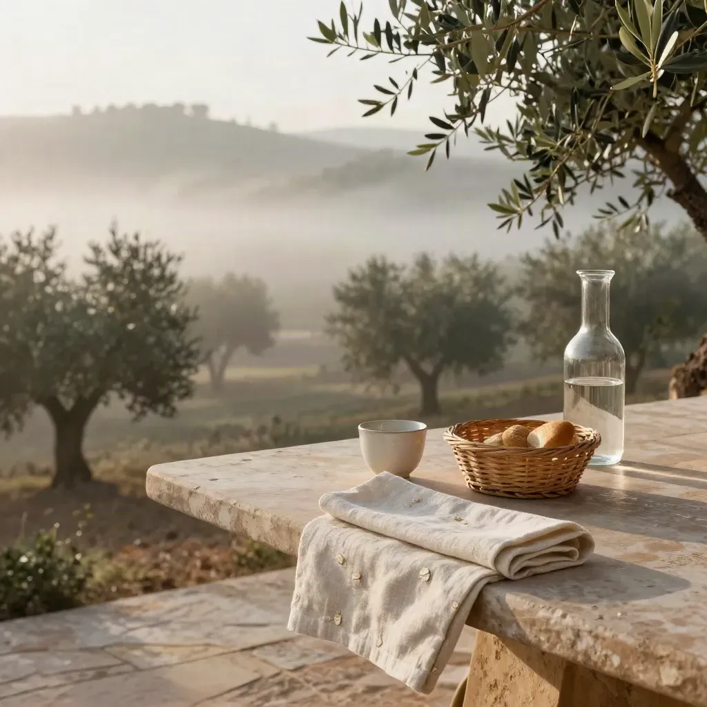 Terrazza colazione tra ulivi nella nebbia, lino piegato e bordo di pietra all’alba.
