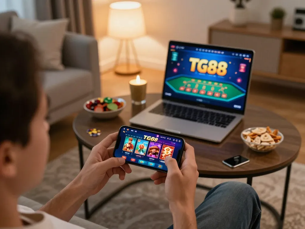 Engaging gameplay on TG88 mobile app with player enjoying casino features in home setting