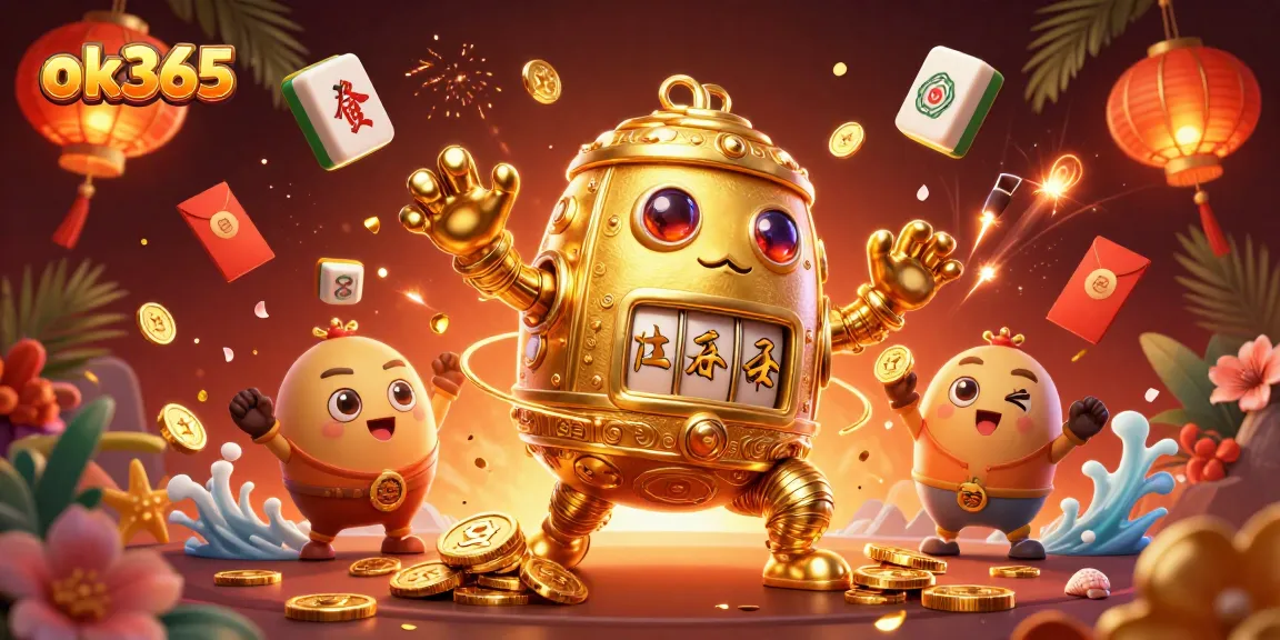 Spin the reels at ok365 with a golden golem, lucky symbols, and vibrant casino elements