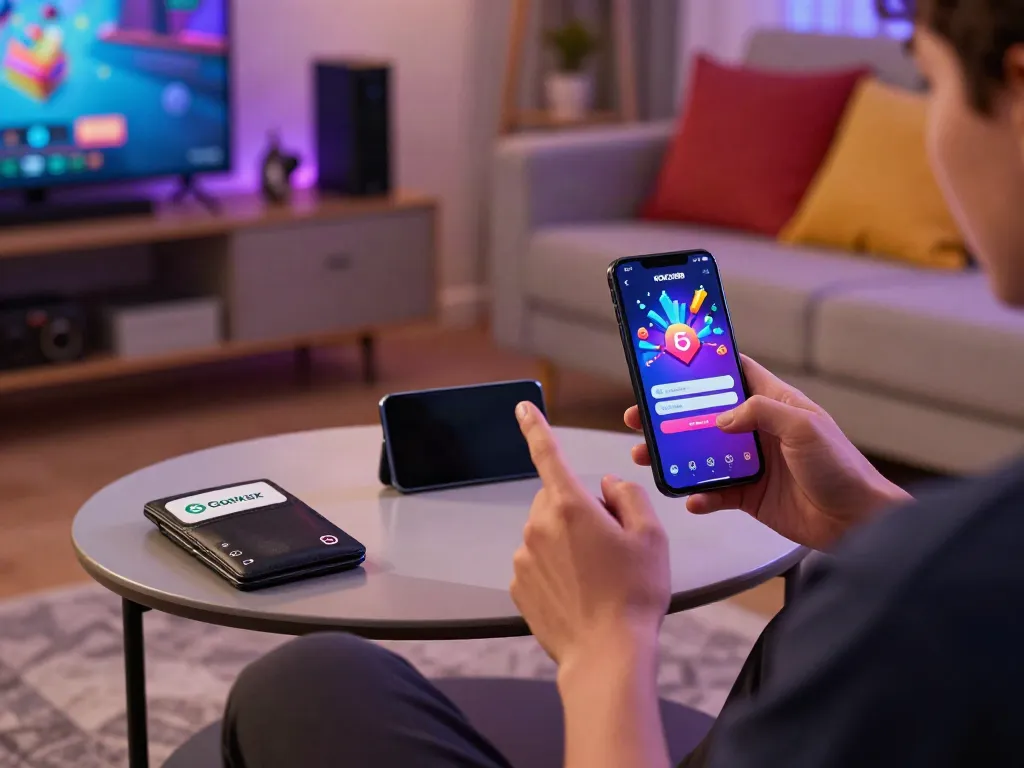 Engaged user accessing rokok88 login on smartphone in a cozy living room, showcasing vibrant app graphics and Gopay integration.