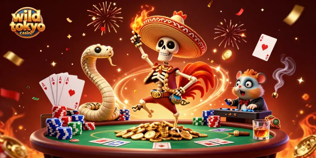 Experience the excitement of wild tokyo casino with a dynamic 3D scene of vibrant characters and gambling elements.
