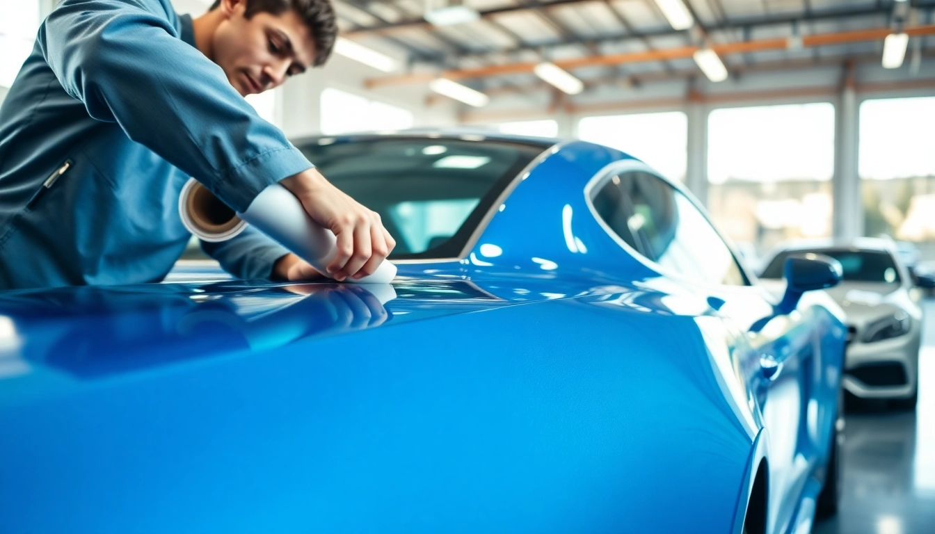 Technician applying PPF Chattanooga professionally to a modern vehicle in a bright garage.