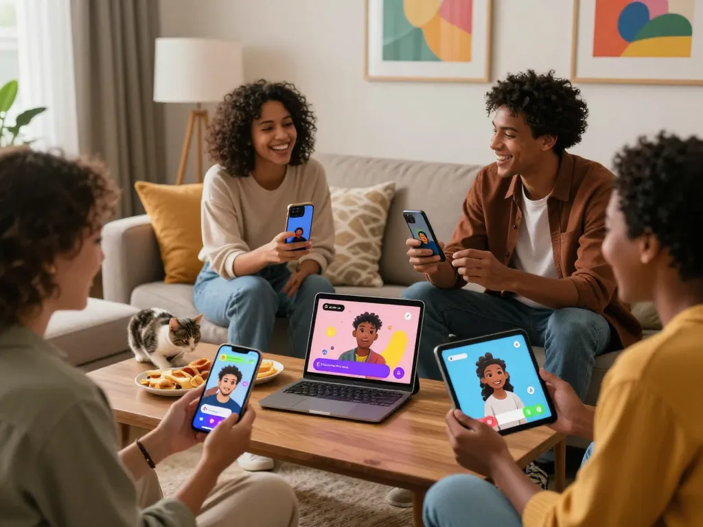 Users enjoying engaging conversations with CrushonAI characters in a cozy living room.