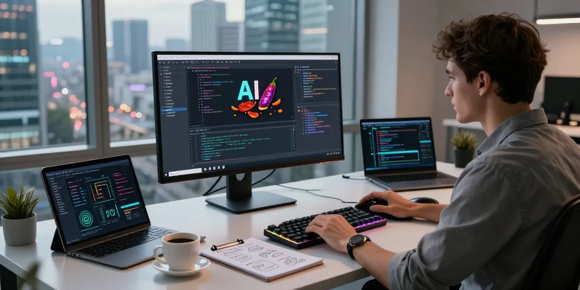 Developer creating a spicy AI app in a modern workspace with multiple smart devices.