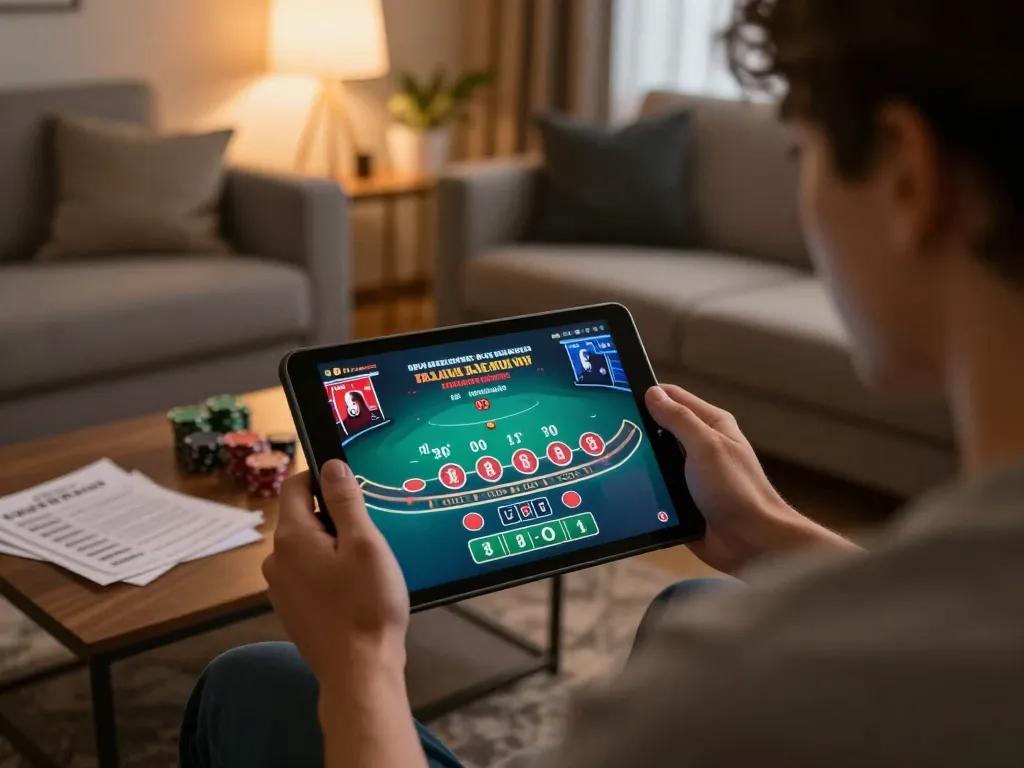 Engaging in online gaming at nhà cái lc88 on tablet with strategic notes in a cozy home setup.