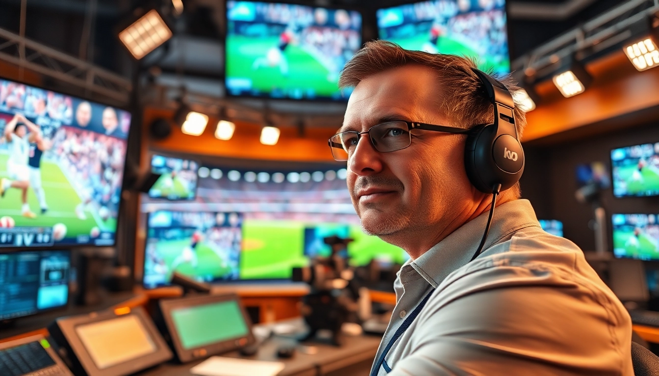 Engaged sports broadcaster presenting live Sports Broadcasting in a dynamic studio setup.