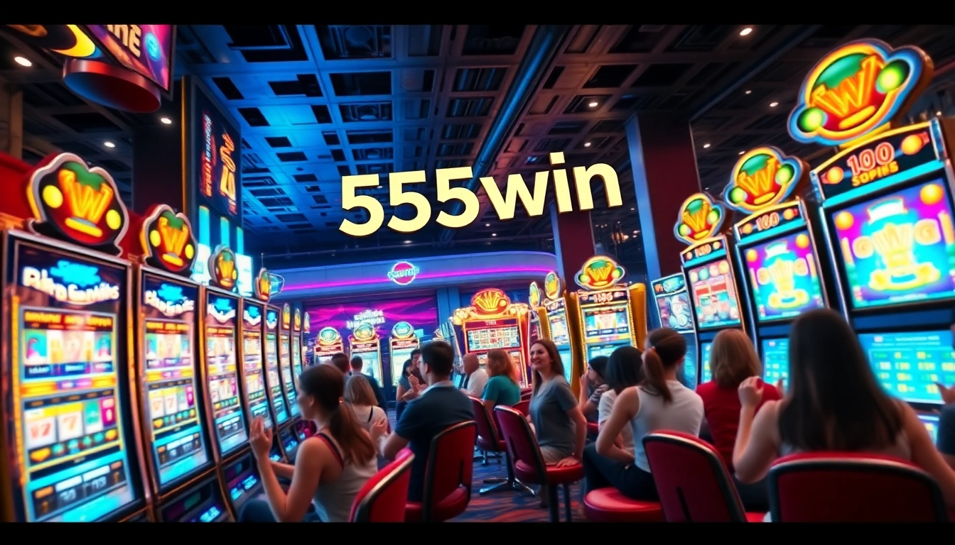 Exciting casino scene depicting 555win slot machines with glowing screens and thrilled players.