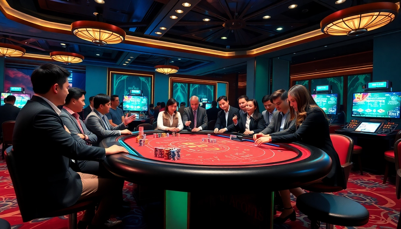 Tài xỉu md5 game showcasing excited players at a vibrant casino table with dice and chips.