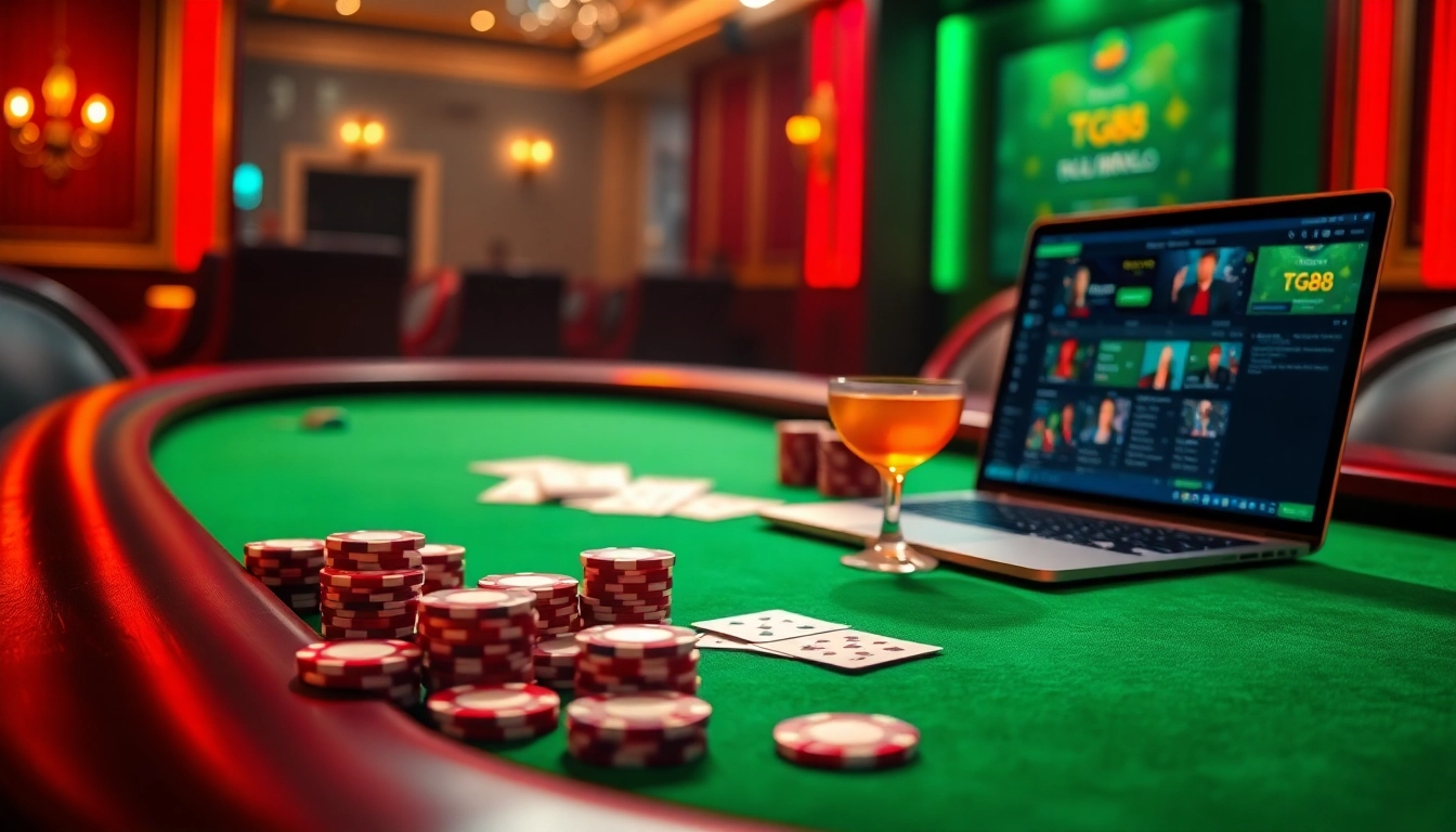 Bettors engaged in a thrilling game at tg88 online casino table with vibrant chips and cards.