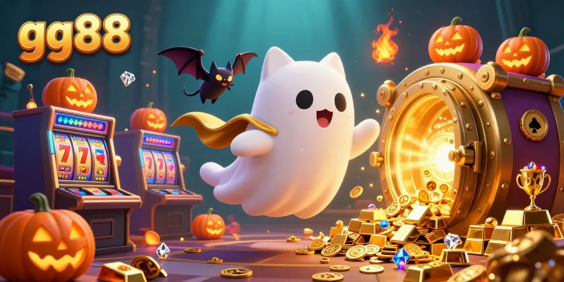 Spin the reels at gg88 in a vibrant casino world with a ghost cat and golden treasures.