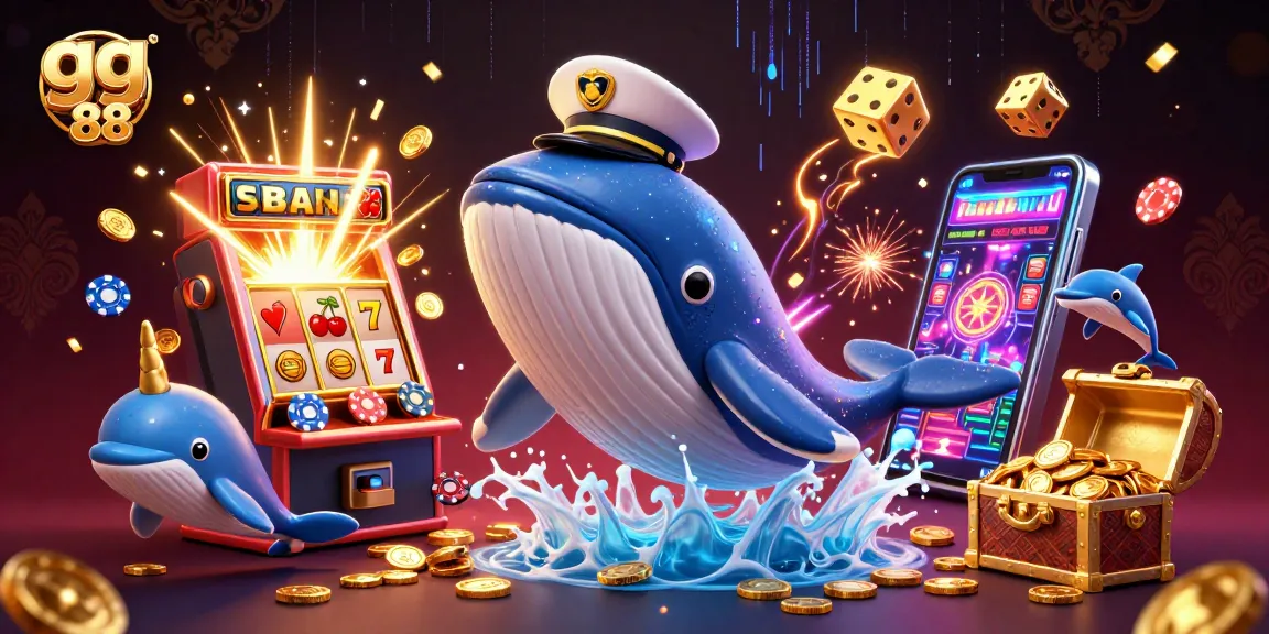 Play vibrant gg 88 slot games with a cartoon whale, narwhal, and dolphins in a rich casino scene.