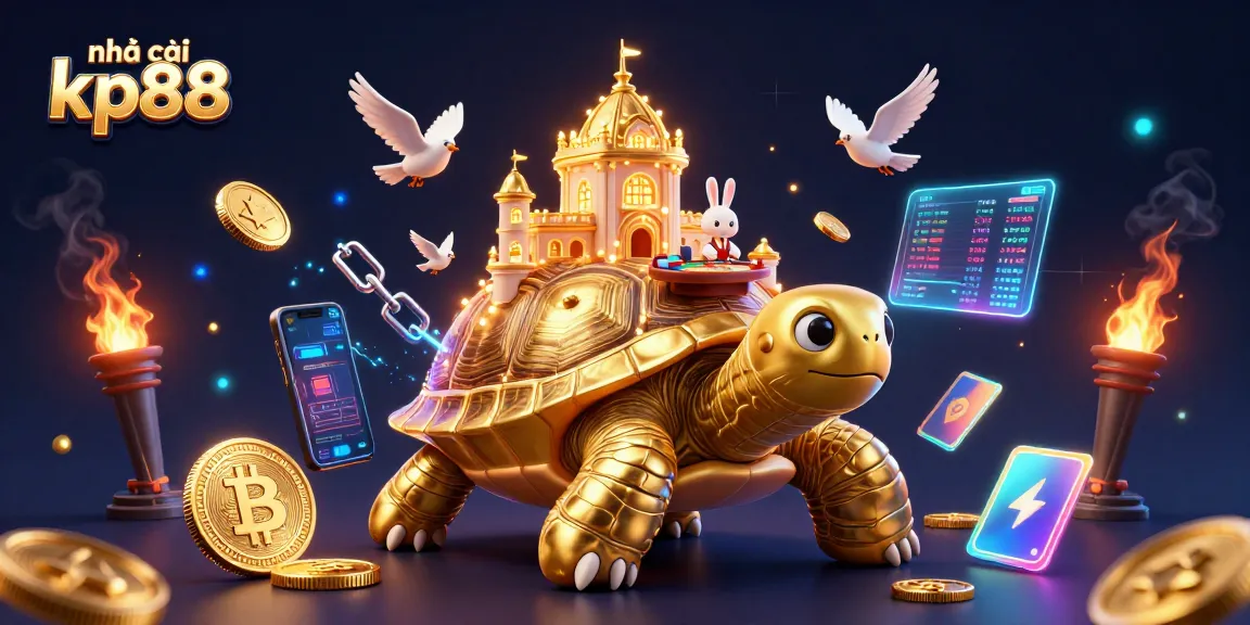 Engage with the thrilling action at nhà cái kp88, featuring a vibrant 3D illustration of a golden tortoise casino with a rabbit dealer.