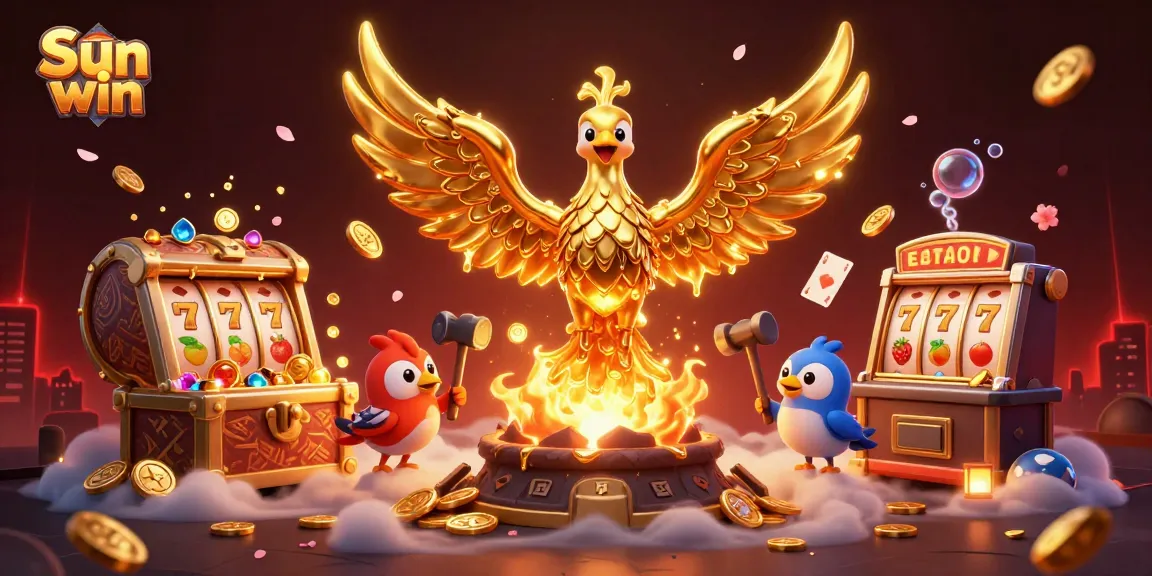 Sun win showcases a golden phoenix amidst a dynamic casino scene with slot reels, gold coins, and vibrant colors.