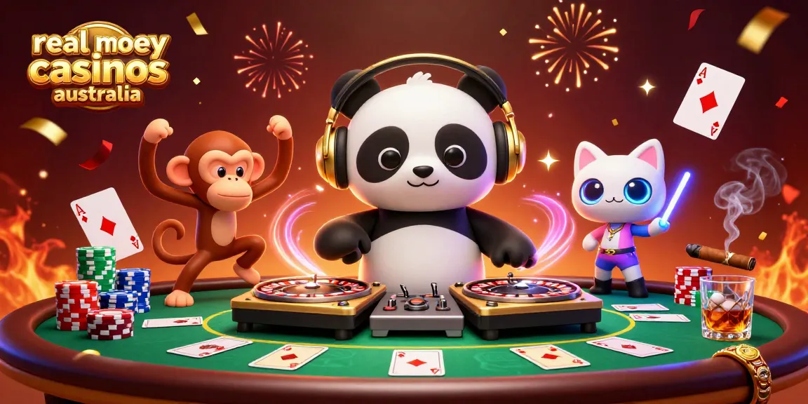 Experience vibrant atmosphere at real money casinos Australia with lively characters and poker elements.